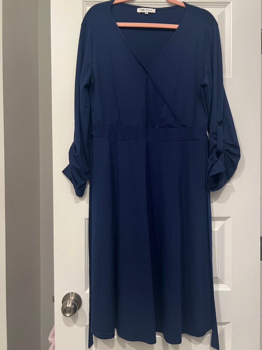 Manydress Navy V-Neck Long Sleeve Wrap Dress